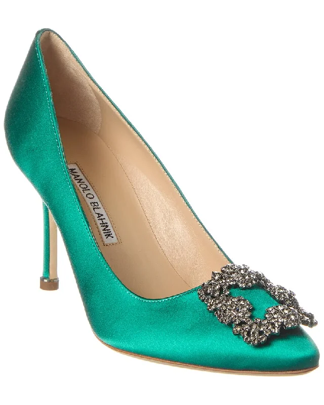 Women's hot pink stiletto heel pumps for a fun night outManolo Blahnik Hangisi 90 Satin Pump Women's hot pink stiletto heel pumps for a fun night outManolo Blahnik Hangisi 90 Satin Pump