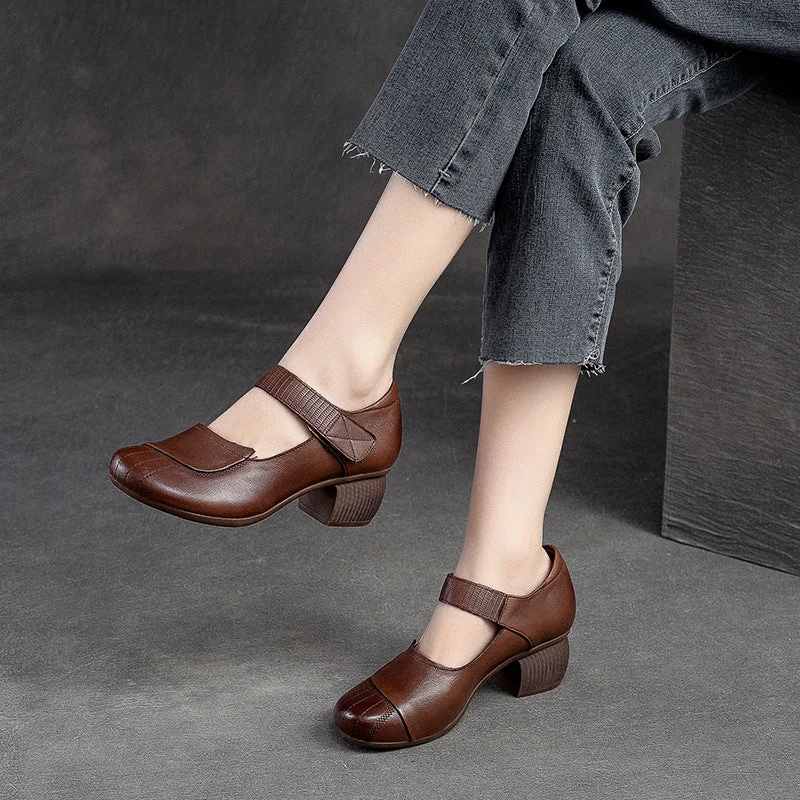 Women's snakeskin - embossed stiletto heel pumps for a bold statementWomen Retro Leather Velcro Chunky Heels Pumps