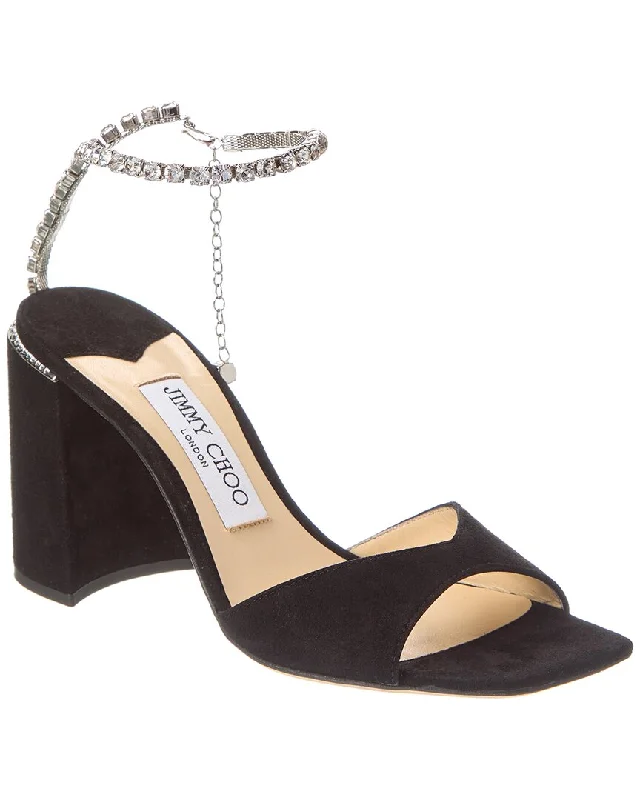 Women's mule - style stiletto heel pumps with a bow accentJimmy Choo Saeda Block Heel 85 Suede Sandal Women's mule - style stiletto heel pumps with a bow accentJimmy Choo Saeda Block Heel 85 Suede Sandal