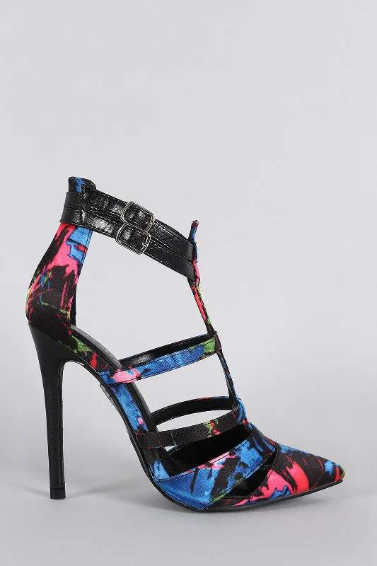 Women's prom stiletto heel pumps in a shimmery fabricShoe Republic LA Abstract Caged T-Strap Pointy Toe Stiletto Pump