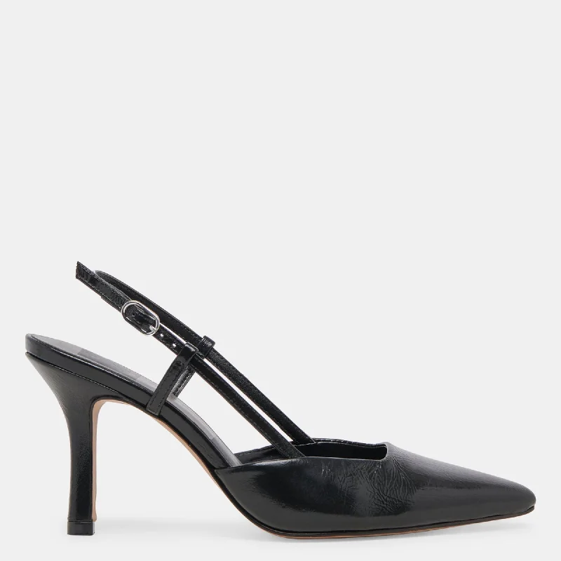 Women's mule - style stiletto heel pumps with a bow accentKim Heels Midnight Crinkle Patent Women's mule - style stiletto heel pumps with a bow accentKim Heels Midnight Crinkle Patent