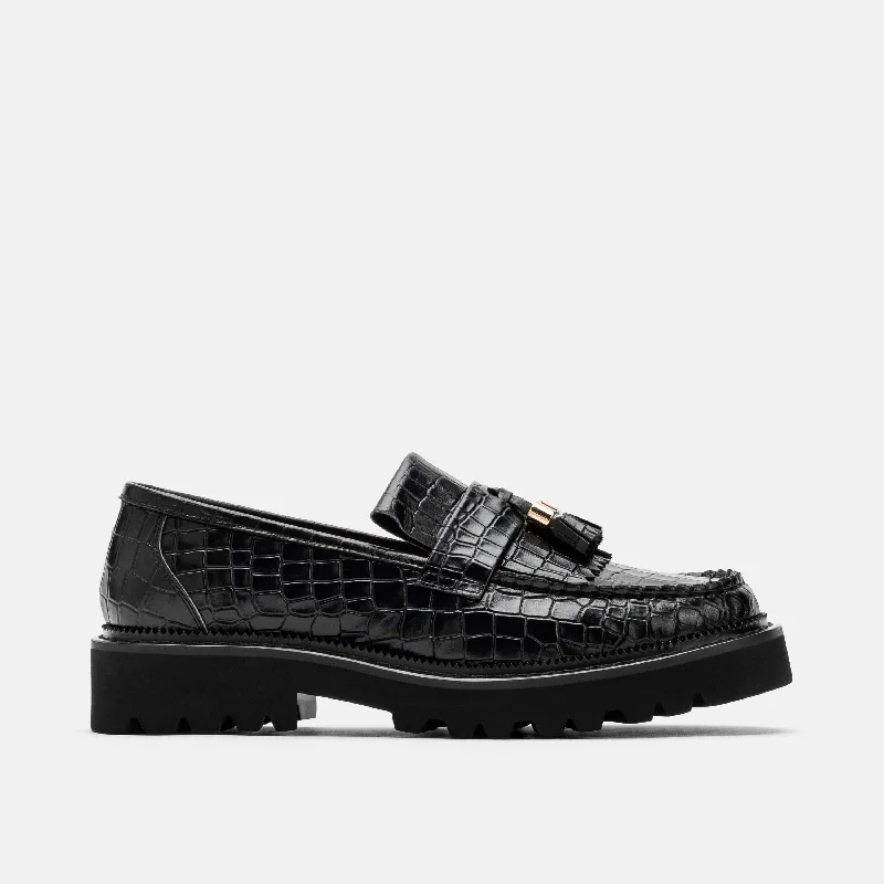 Plus Size Women's Wide - Fit Penny Loafers in Black for All - Day ComfortMs. Journey Black Croc Leather Lug Tassel Loafer Plus Size Women's Wide - Fit Penny Loafers in Black for All - Day ComfortMs. Journey Black Croc Leather Lug Tassel Loafer