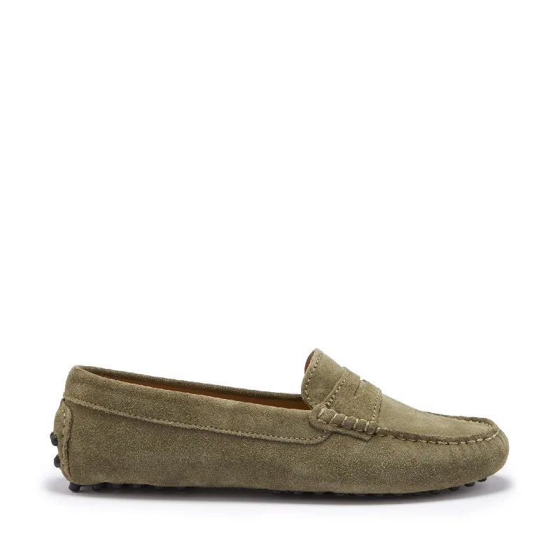 Women's Tassel - Trimmed Loafers with a Low Heel in Olive Green for a Trendy TwistWomen's Penny Driving Loafers, truffle suede Women's Tassel - Trimmed Loafers with a Low Heel in Olive Green for a Trendy TwistWomen's Penny Driving Loafers, truffle suede