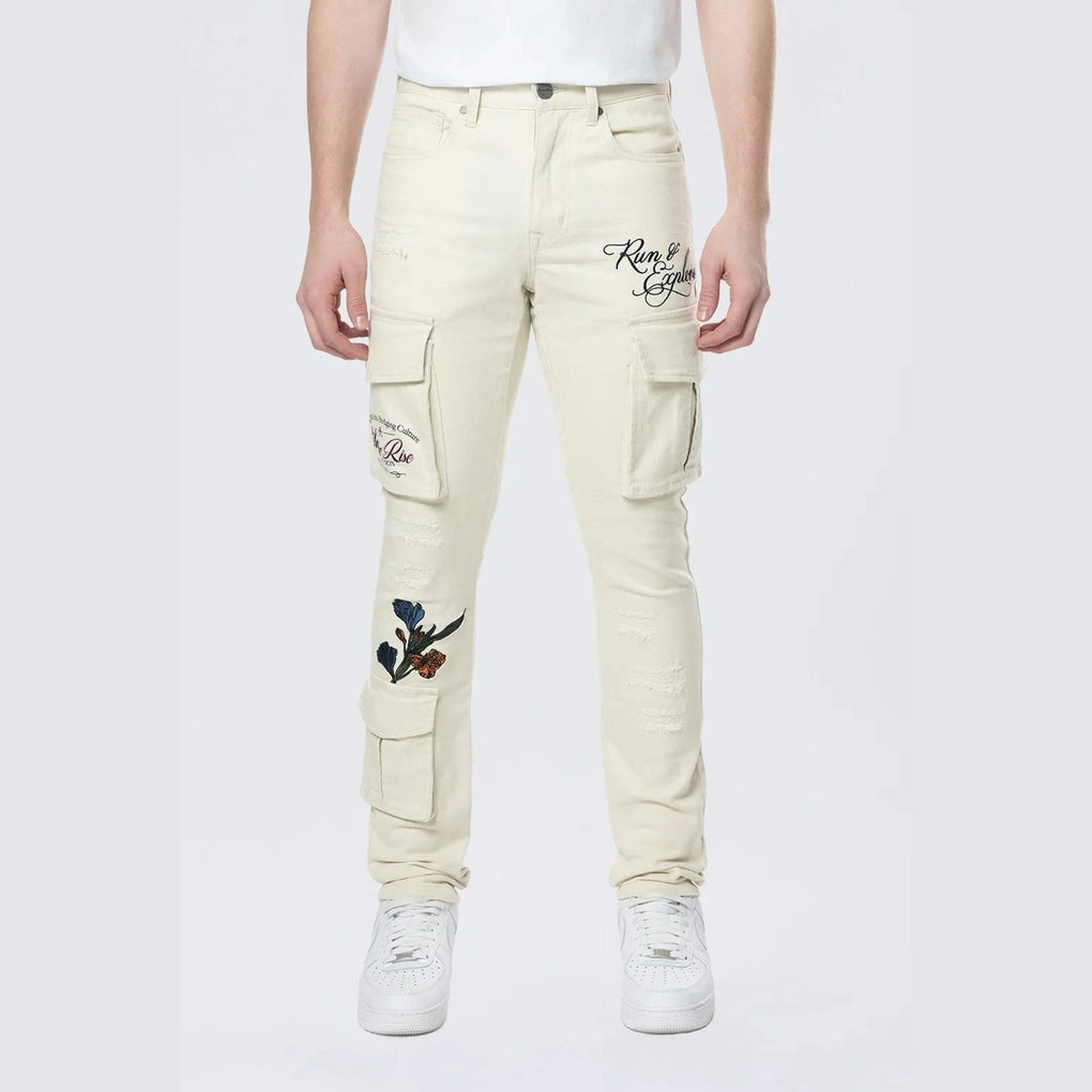 Slim Tapered Embroidered Cargo Twill Pants - Ecru