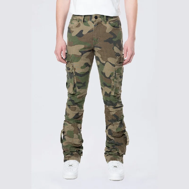 Stacked Flared Cargo Strap Canvas Pants - Wood Camo