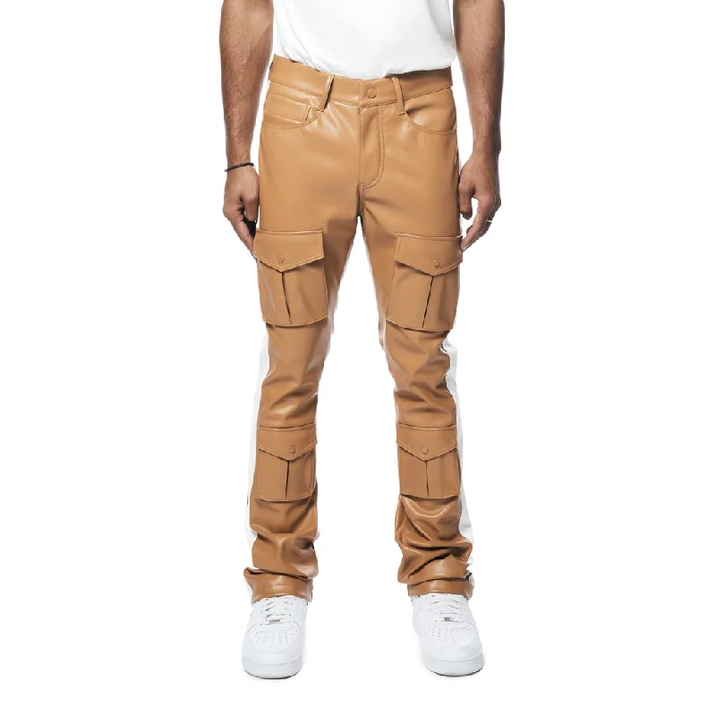 Vegan Leather Stacked Striped Cargo Pants - Tan