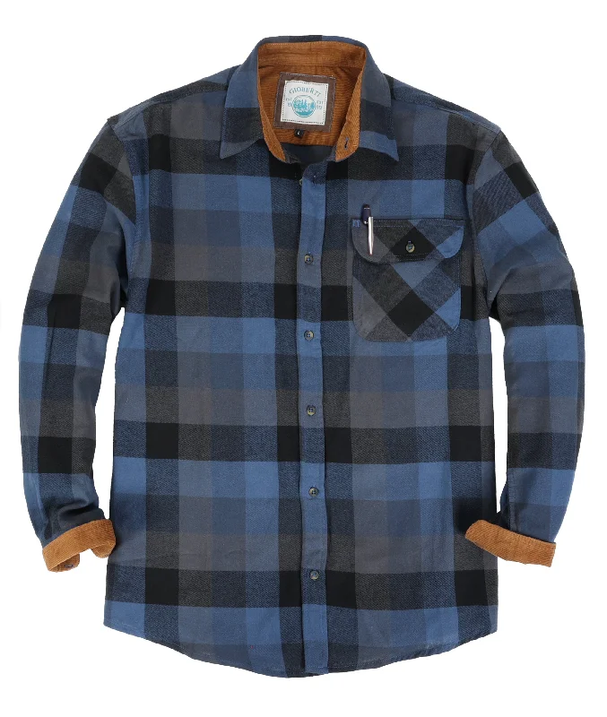 Gioberti Men's Blue / Gray / Black 100% Cotton Brushed Flannel Plaid Checkered Shirt with Corduroy Contrast