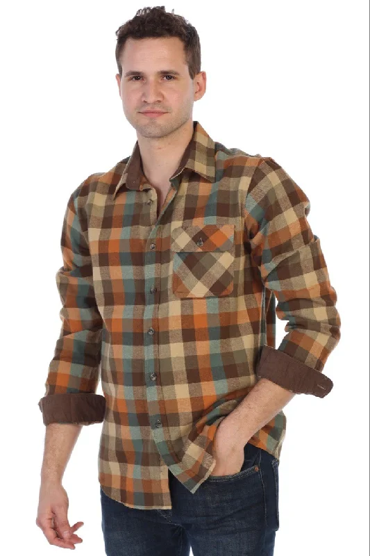 Gioberti Men's Orange / Khaki / Teal 100% Cotton Brushed Flannel Plaid Checkered Shirt with Corduroy Contrast