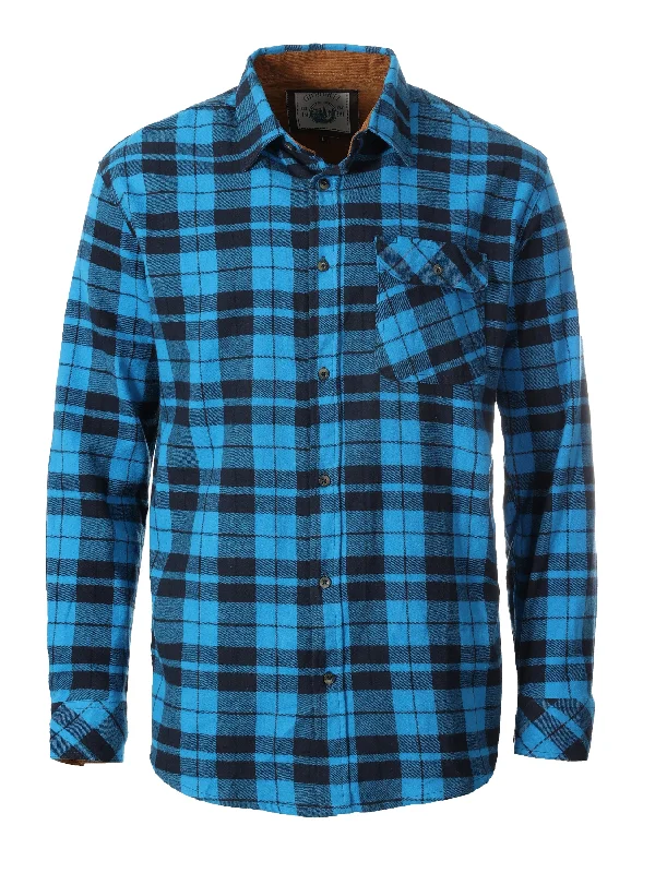 Gioberti Men's Blue / Navy 100% Cotton Brushed Flannel Plaid Checkered Shirt with Corduroy Contrast