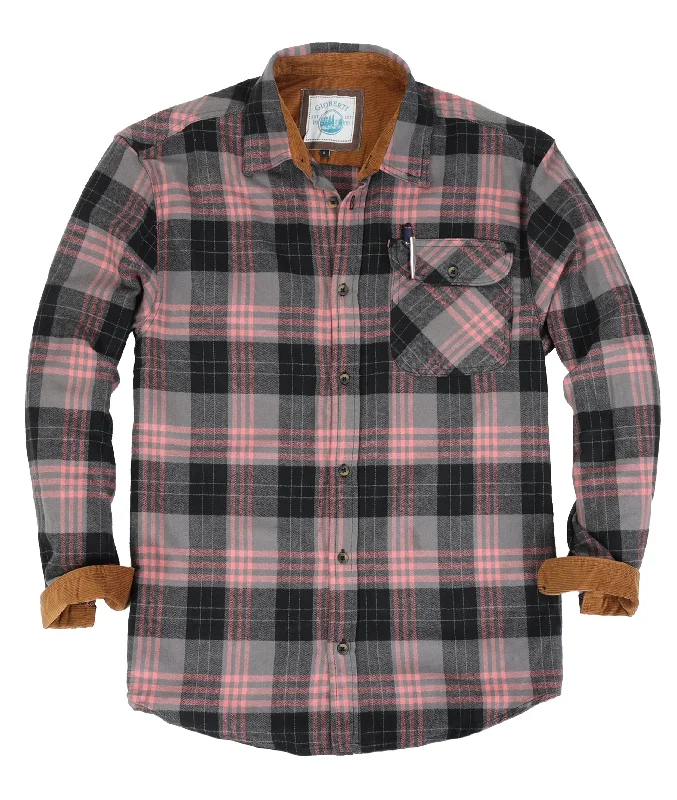 Gioberti Men's Black / Gray / Coral 100% Cotton Brushed Flannel Plaid Checkered Shirt with Corduroy Contrast