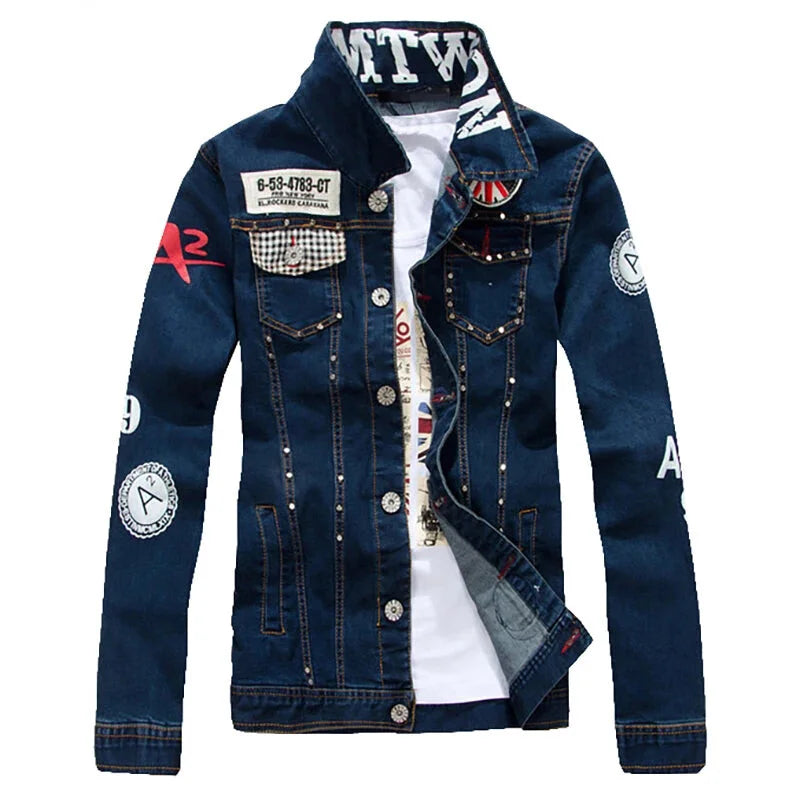 Men's Dark Blue Slim Patchwork Pattern Casual Outerwear Jacket