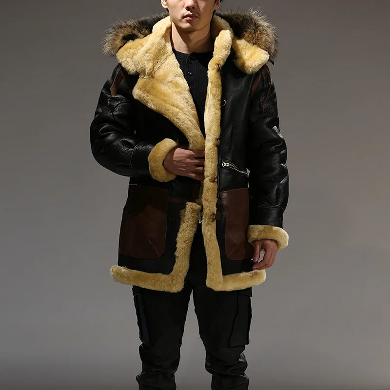 Men's Super Warm Genuine Sheep Leather Big Shearling Fur Collar Winter Jacket