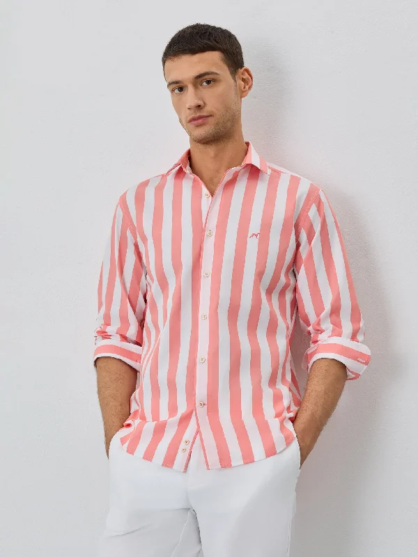 Slim Fit Shirt With Open Collar In BCI Cotton With Stripes