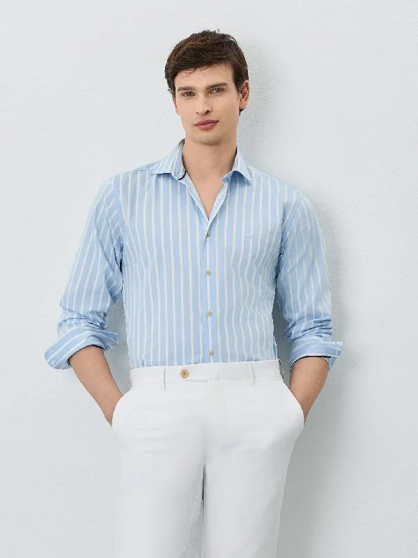 Slim Fit Shirt With Open Collar In BCI Cotton With Stripes