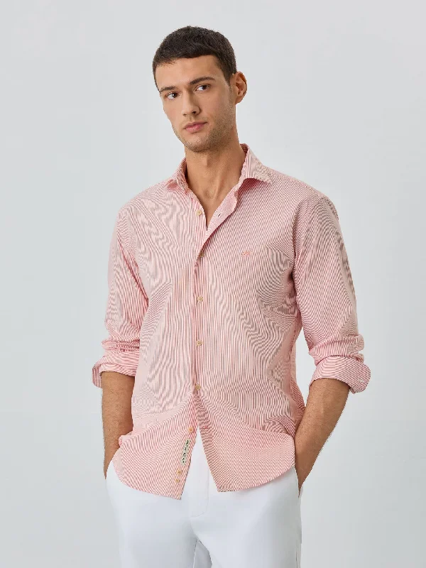 Slim Fit Shirt With Open Collar In BCI Cotton With Stripes