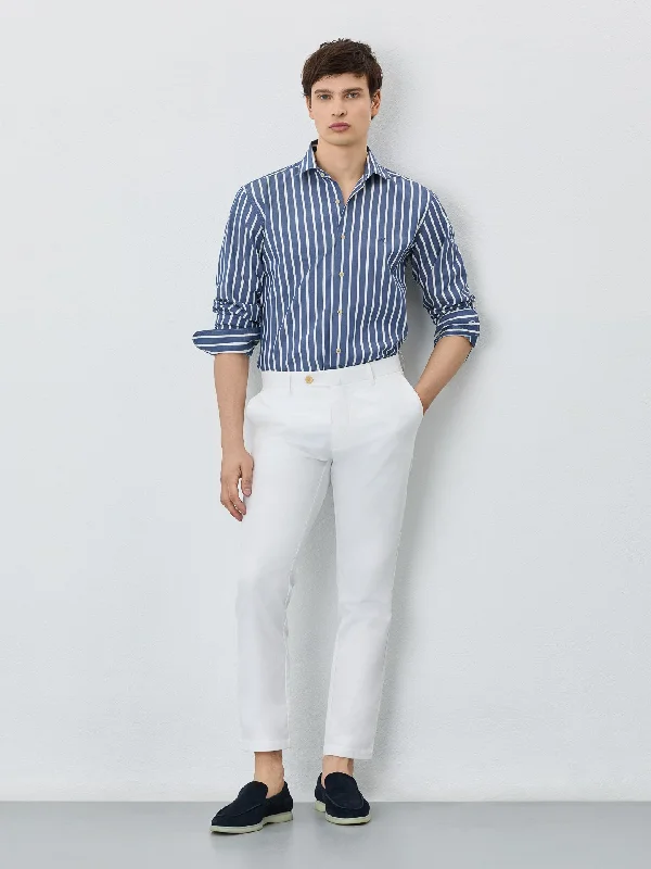 Slim Fit Shirt With Open Collar In BCI Cotton With Stripes