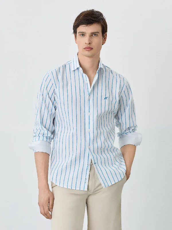 Slim Fit Shirt With Open Collar In Cotton-linen Blend With Stripes