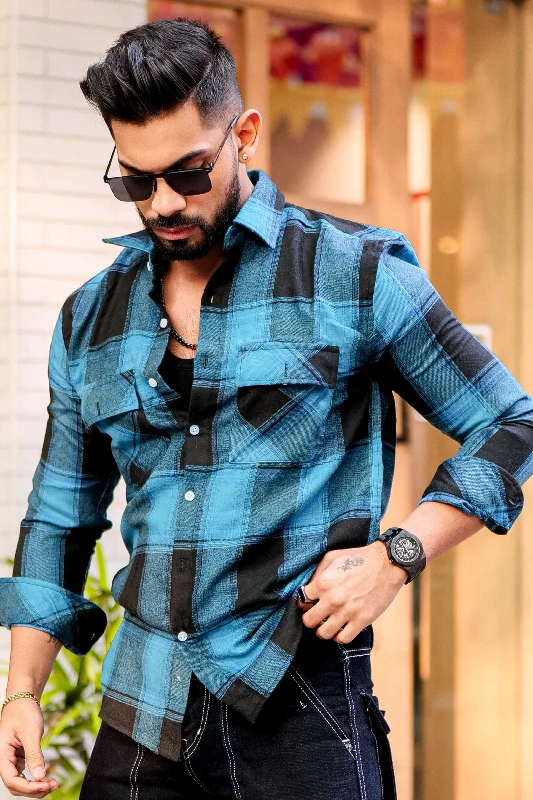 Teal Blue Check Double Pocket Flannel Shirt