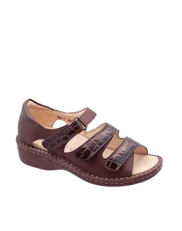 Child - Friendly Women's Sandals with a Secure Buckle in Purple for Moms on the GoAndrea Velcro 3-Strap Sandal In Brown Child - Friendly Women's Sandals with a Secure Buckle in Purple for Moms on the GoAndrea Velcro 3-Strap Sandal In Brown