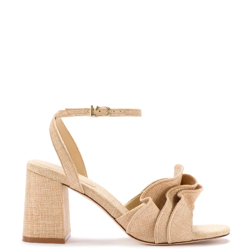 Women's Sandals with a Floral - Printed Upper in Pink for a Feminine Spring LookSelena Ruffle Sandal In Beige Raffia Women's Sandals with a Floral - Printed Upper in Pink for a Feminine Spring LookSelena Ruffle Sandal In Beige Raffia