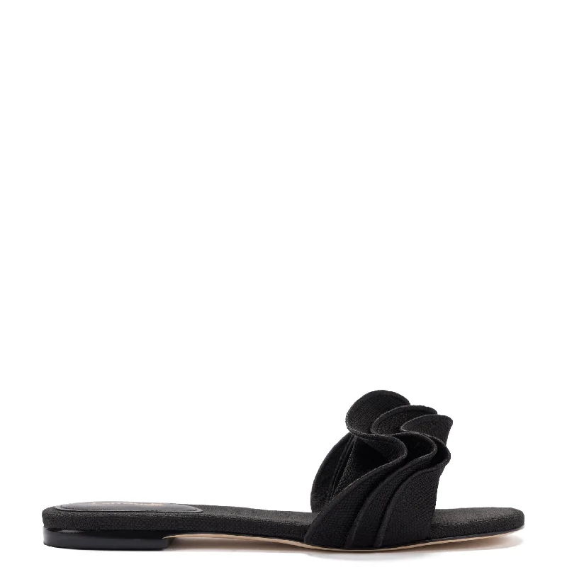Child - Friendly Women's Sandals with a Secure Buckle in Purple for Moms on the GoIvy Ruffle Flat Mule In Black Raffia