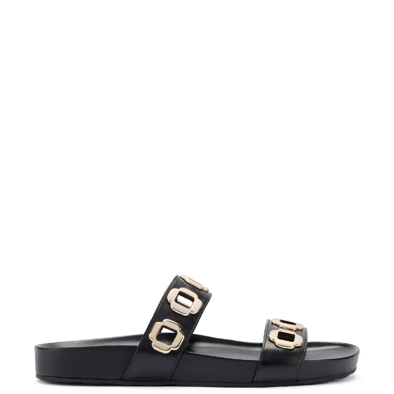 Women's Sandals with a Glitter - Coated Strap in Gold for a Sparkly Summer OutfitMilan Slide In Black Leather Women's Sandals with a Glitter - Coated Strap in Gold for a Sparkly Summer OutfitMilan Slide In Black Leather