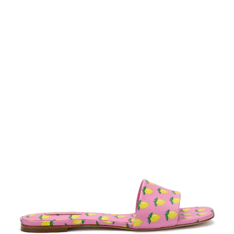 Women's Strappy Gladiator Sandals with Buckle Closures in Tan for a Boho LookIvy Flat Mule In Bubblegum and Lemon Print Leather Women's Strappy Gladiator Sandals with Buckle Closures in Tan for a Boho LookIvy Flat Mule In Bubblegum and Lemon Print Leather