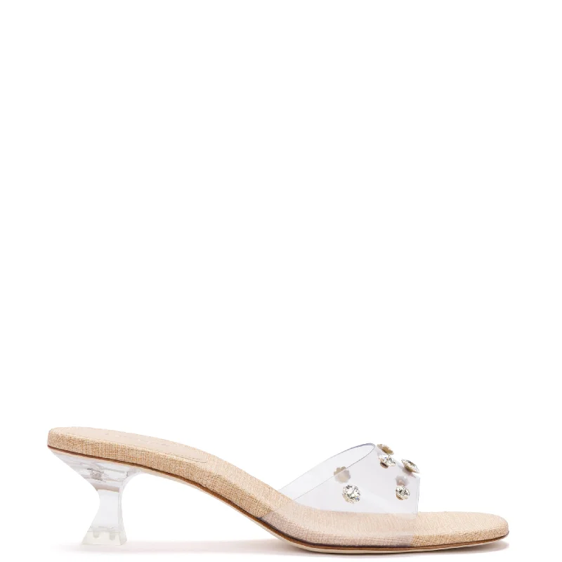 Women's Sandals with a Floral - Printed Upper in Pink for a Feminine Spring LookVivi Lucite Mule in Clear Vinyl with Swarovski® Crystals Women's Sandals with a Floral - Printed Upper in Pink for a Feminine Spring LookVivi Lucite Mule in Clear Vinyl with Swarovski® Crystals