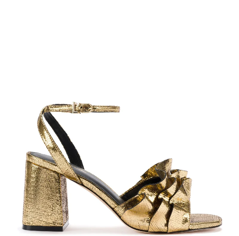 Women's Ankle - Strap Sandals with a Block Heel in Red for a Sophisticated StyleSelena Ruffle Sandal In Gold Cracked Metallic Leather Women's Ankle - Strap Sandals with a Block Heel in Red for a Sophisticated StyleSelena Ruffle Sandal In Gold Cracked Metallic Leather