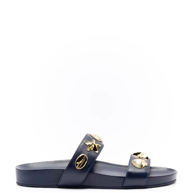 Women's Sandals with a Glitter - Coated Strap in Gold for a Sparkly Summer OutfitMadison Slide In Navy Leather Women's Sandals with a Glitter - Coated Strap in Gold for a Sparkly Summer OutfitMadison Slide In Navy Leather