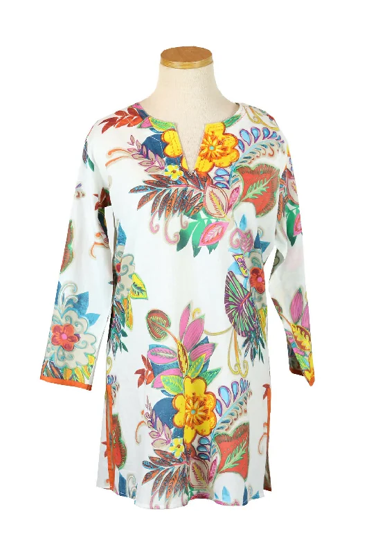 Women's Sandals with a Floral - Printed Upper in Pink for a Feminine Spring LookKikiSol Cream Multi Fiji Tunic with Orange Neck Embroidery Sleeve and Side Trim