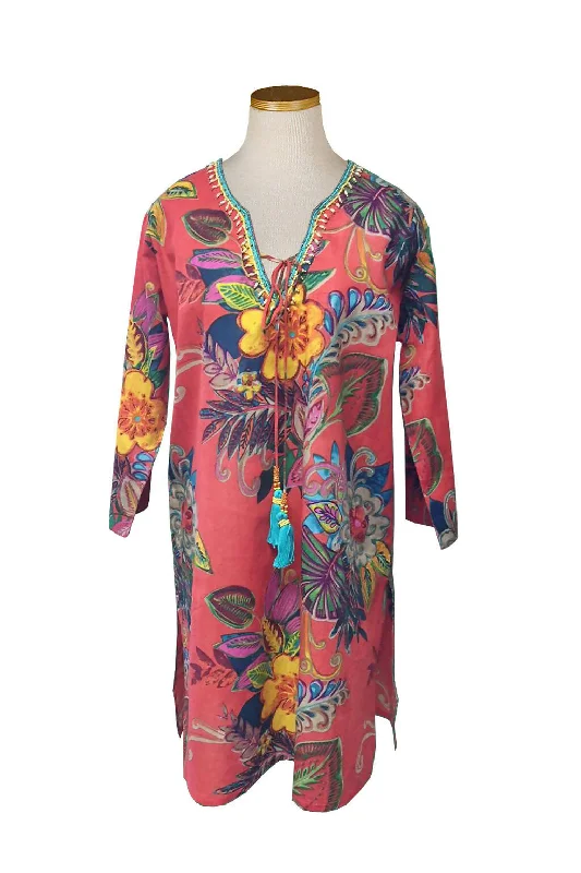 Women's Sandals with a Floral - Printed Upper in Pink for a Feminine Spring LookKikiSol Salmon Fiji Beaded Tunic with Tassels