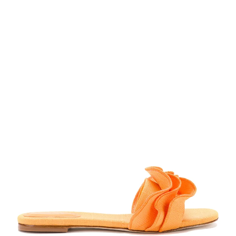 Anti - Slip Women's Sandals with a Grooved Sole in Green for Outdoor AdventuresIvy Ruffle Flat Mule In Mango Raffia Anti - Slip Women's Sandals with a Grooved Sole in Green for Outdoor AdventuresIvy Ruffle Flat Mule In Mango Raffia