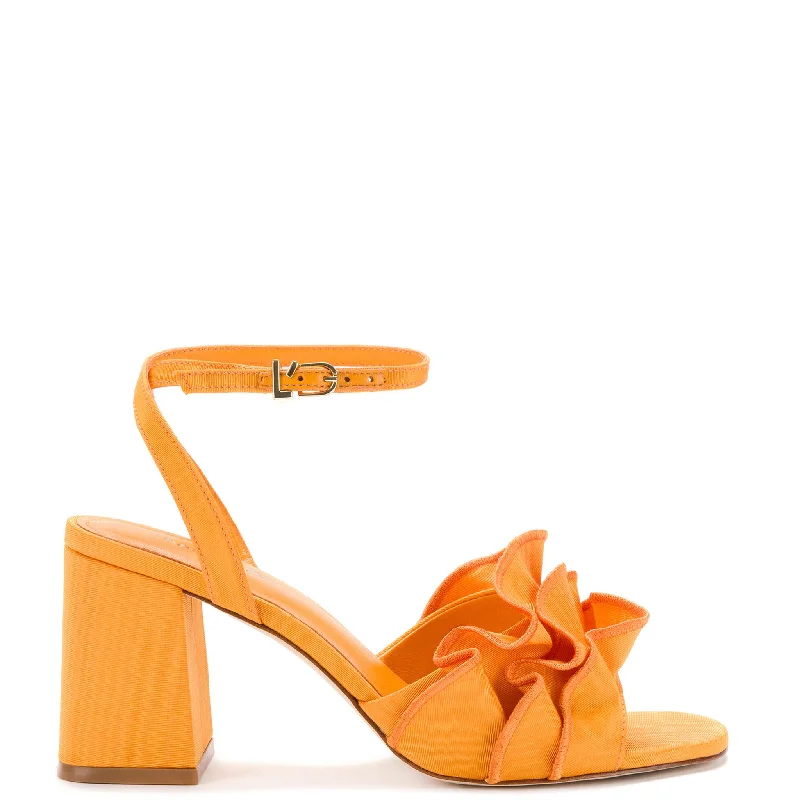 Women's Sandals with a Wedge Heel and a Tassel Detail in Orange for a Trendy LookSelena Ruffle Sandal In Mango Fabric Women's Sandals with a Wedge Heel and a Tassel Detail in Orange for a Trendy LookSelena Ruffle Sandal In Mango Fabric