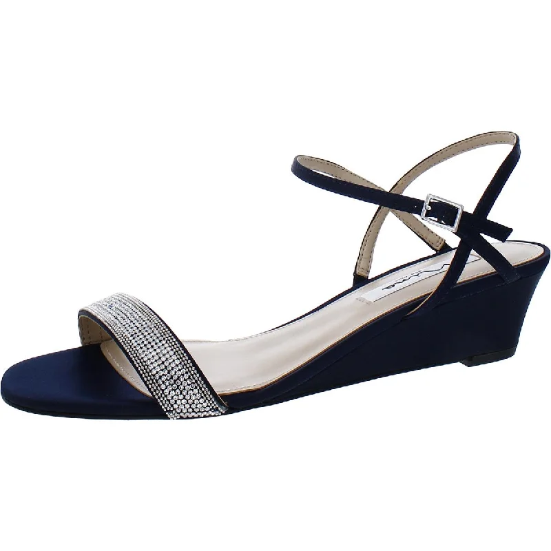 Women's Cork - Soled Espadrille Sandals with a Rope - Trimmed Upper in Navy for a Summer VibeWomen's Cork - Soled Espadrille Sandals with a Rope - Trimmed Upper in Navy for a Summer VibeNina Womens Viola Satin Ankle Strap Wedge Sandals