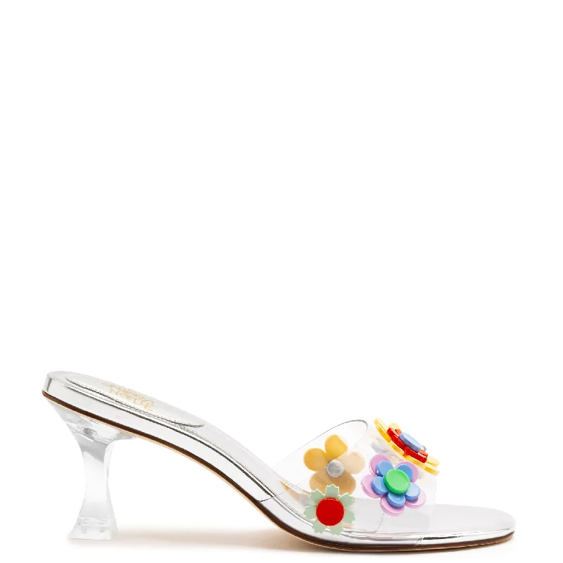 Women's Strappy Gladiator Sandals with Buckle Closures in Tan for a Boho LookLarroudé x Gabriela Noelle: Garden Mule In Silver Specchio and Multicolor Acrylic