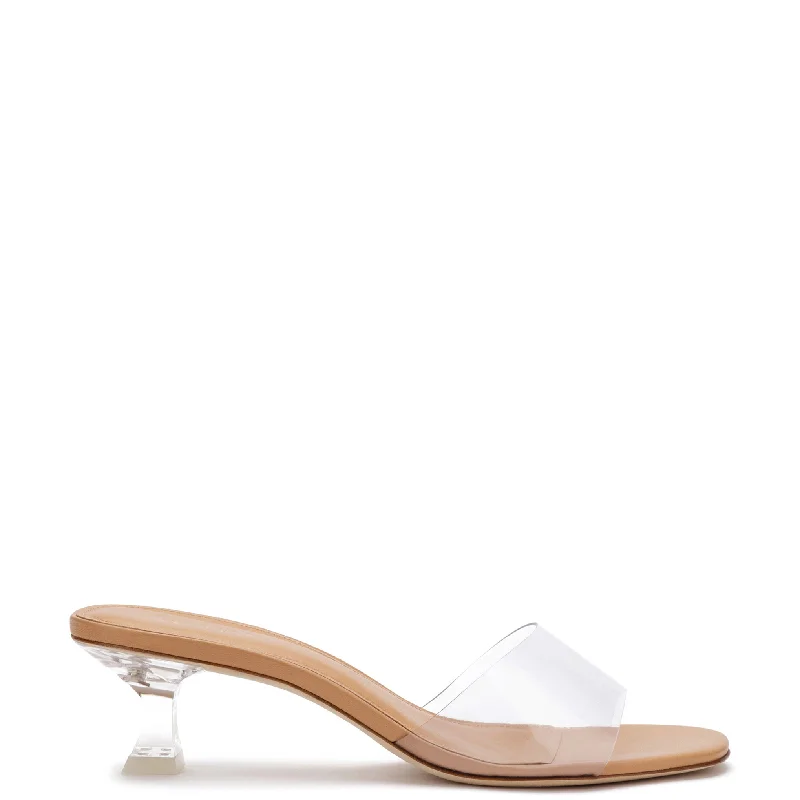 Adjustable Strap Women's Sandals with a Padded Heel in Pink for a Custom FitVivi Lucite Mule In Tan Leather and Vinyl Adjustable Strap Women's Sandals with a Padded Heel in Pink for a Custom FitVivi Lucite Mule In Tan Leather and Vinyl