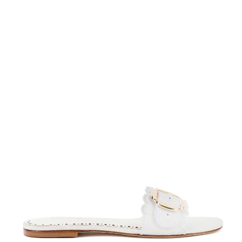Women's Ankle - Strap Sandals with a Block Heel in Red for a Sophisticated StyleIvy Broderie Flat Mule In White Raffia