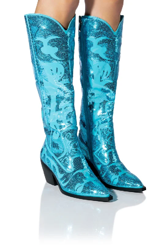Women's Knee - High Leather Riding Boots in Black for a Classic Equestrian LookAZALEA WANG BRAELYN EMBELLISHED BOOT IN BLUE Women's Knee - High Leather Riding Boots in Black for a Classic Equestrian LookAZALEA WANG BRAELYN EMBELLISHED BOOT IN BLUE