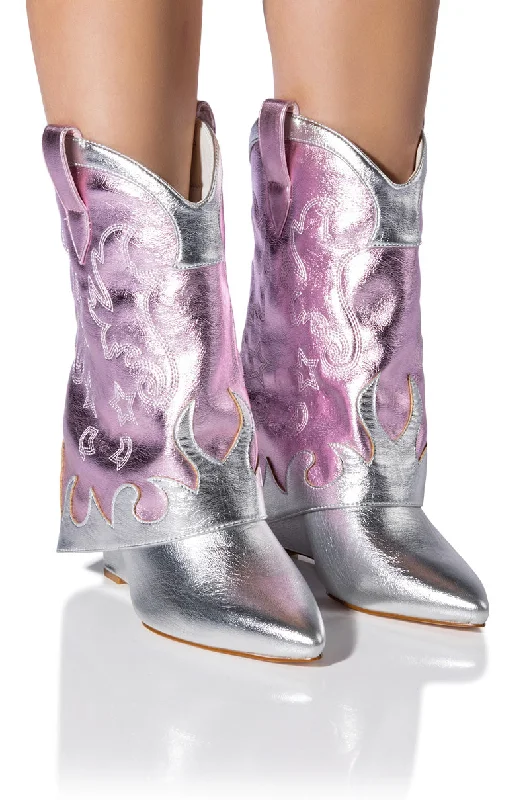 Women's Mid - Calf Suede Boots in Beige with Tassel Trim for a Boho - Inspired StyleAZALEA WANG BRIA FOLD OVER BOOT IN METALLIC Women's Mid - Calf Suede Boots in Beige with Tassel Trim for a Boho - Inspired StyleAZALEA WANG BRIA FOLD OVER BOOT IN METALLIC