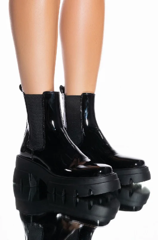 Women's Wedge - Heeled Ankle Boots in Navy Blue for a Comfortable and Trendy OptionAZALEA WANG CATE FLATFORM CHELSEA BOOTIE IN BLACK PATENT Women's Wedge - Heeled Ankle Boots in Navy Blue for a Comfortable and Trendy OptionAZALEA WANG CATE FLATFORM CHELSEA BOOTIE IN BLACK PATENT
