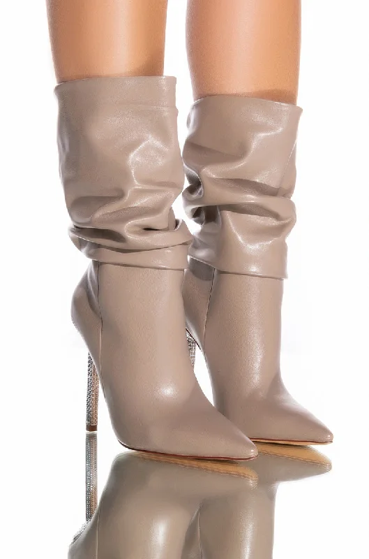Women's Knee - High Leather Riding Boots in Black for a Classic Equestrian LookAZALEA WANG JAYLA SLOUCH STILETTO BOOTIE IN TAUPE Women's Knee - High Leather Riding Boots in Black for a Classic Equestrian LookAZALEA WANG JAYLA SLOUCH STILETTO BOOTIE IN TAUPE