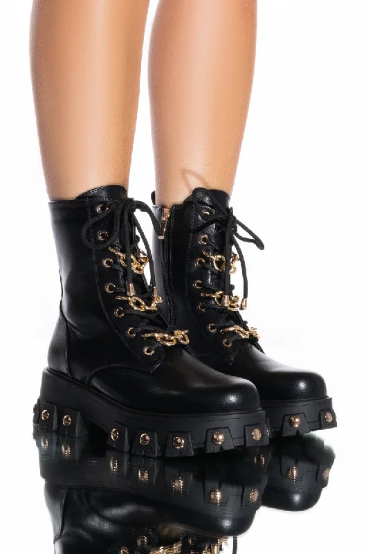 Women's Glitter - Embellished Ankle Boots in Gold for a Sparkly Party LookAZALEA WANG MARIE CHAIN LACE UP FLATFORM BOOTIE IN BLACK Women's Glitter - Embellished Ankle Boots in Gold for a Sparkly Party LookAZALEA WANG MARIE CHAIN LACE UP FLATFORM BOOTIE IN BLACK