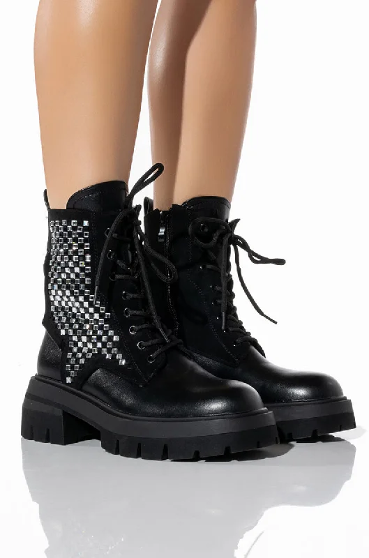 Plus Size Women's Snake Print Knee - High Boots in Brown for a Fashion - Forward StatementAZALEA WANG PHOEBE FLATFORM BLING COMBAT BOOT IN BLACK Plus Size Women's Snake Print Knee - High Boots in Brown for a Fashion - Forward StatementAZALEA WANG PHOEBE FLATFORM BLING COMBAT BOOT IN BLACK