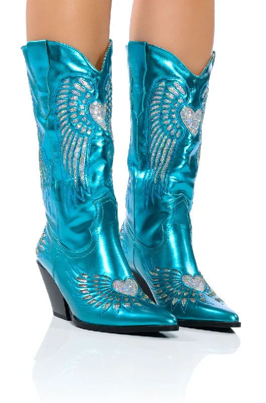Plus Size Women's Faux Fur - Lined Ankle Boots in Chestnut for Cozy Winter WearAZALEA WANG TEMPLE METALLIC BOOTIE IN BLUE Plus Size Women's Faux Fur - Lined Ankle Boots in Chestnut for Cozy Winter WearAZALEA WANG TEMPLE METALLIC BOOTIE IN BLUE