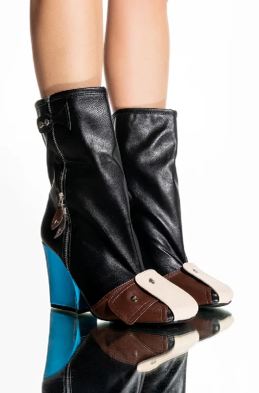 Women's Ankle Booties with Faux Leather and Furry Cuffs in Tan for a Cute and Warm StyleMULTI COLORED CHUNKY BOOTIE Women's Ankle Booties with Faux Leather and Furry Cuffs in Tan for a Cute and Warm StyleMULTI COLORED CHUNKY BOOTIE